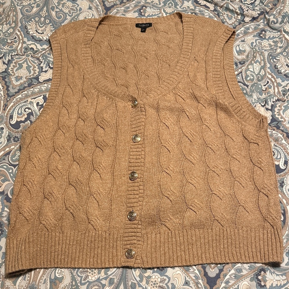 Talbots Camel Cable Knit Sleeveless Cardigan